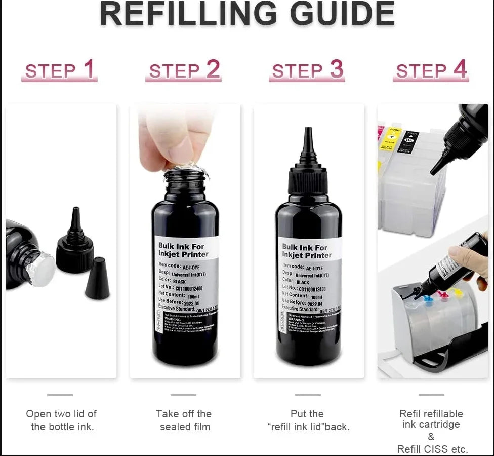 5X100Ml Universal Dye Ink BK C M Y Refill Kit for HP Canon Brother Dell Deskjet Inkjet Printer ,Tank Ink Cartridge CISS