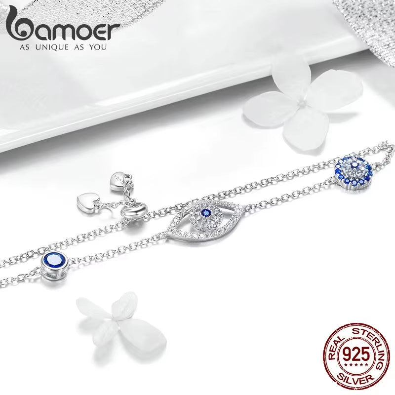 100% 925 Sterling Silver Blue Zircon Evil Eyes Bracelet Guardian Eye Chain for Women Gift Fine Jewelry SCB089