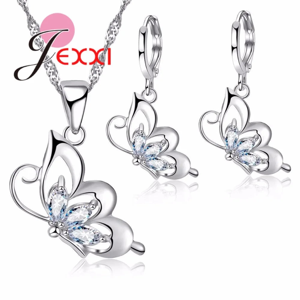 925 Sterling Silver Jewelry Sets for Women Wedding Necklace Pendant Hoop Earrings Elegant Cubic Zirconia Butterfly