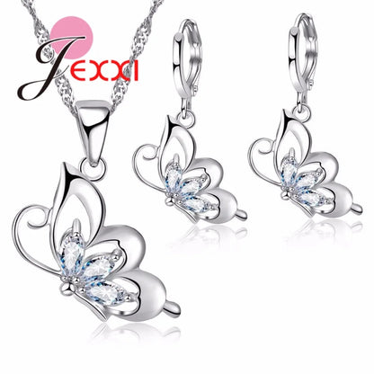 925 Sterling Silver Jewelry Sets for Women Wedding Necklace Pendant Hoop Earrings Elegant Cubic Zirconia Butterfly