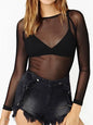 Hot New 2025 Spring Summer Womens Long Sleeve Sexy Black Mesh Top T Shirts Transparent Punk Club Streetwear Tees Beach Tops