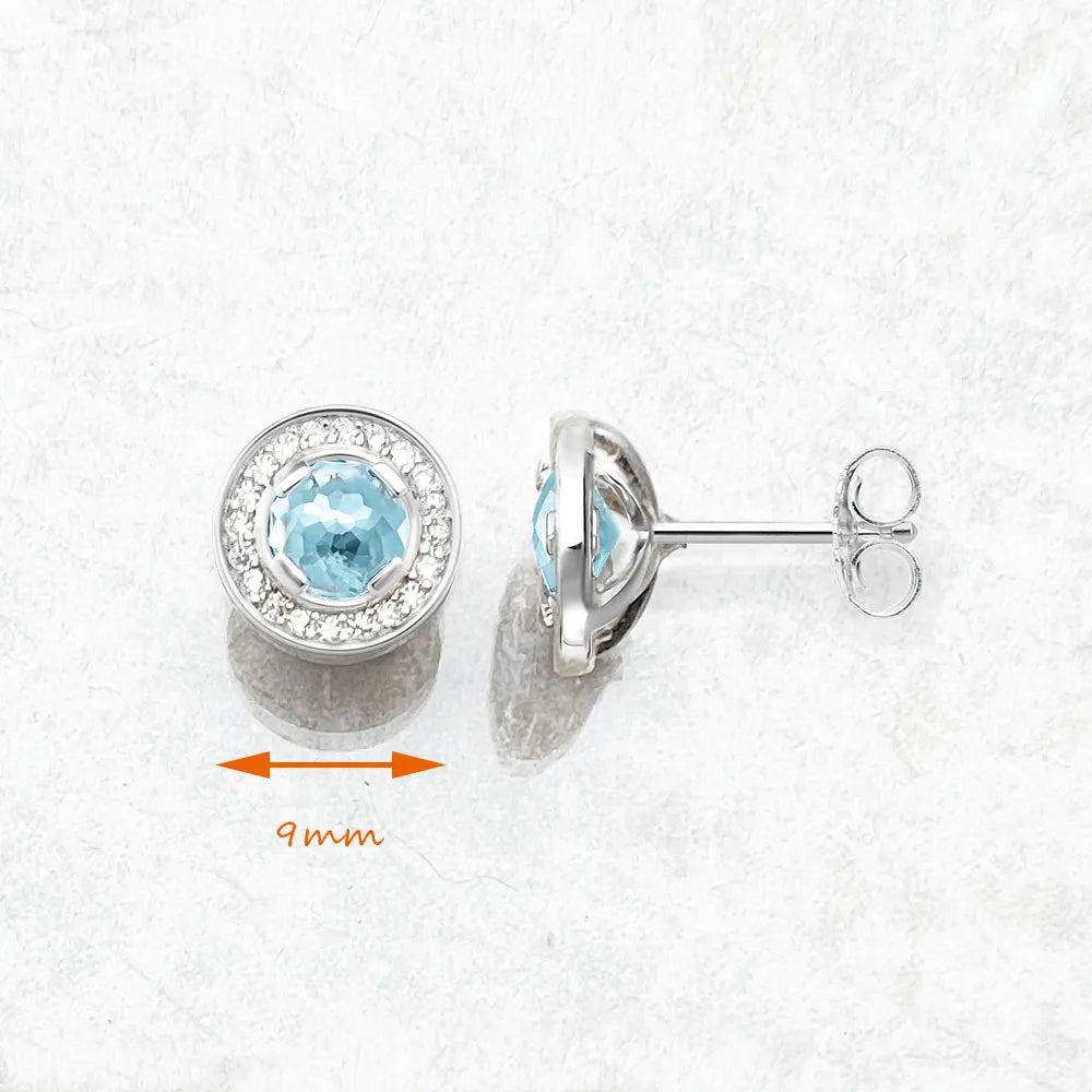 Round Light Blue Studs Earrings Europe Style Fine Jewerly for Women Classic Crystal Gift in 925 Sterling Silver