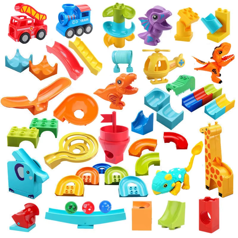 Marble Race Run Big Building Blocks Crazy Rolling Ball Compatible Slide Dinosaur Tunnel Animal Bricks Parts Accessory Kids Toys