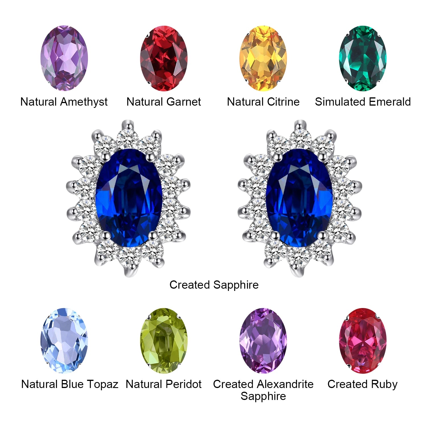 Created Blue Sapphire Ruby 925 Sterling Silver Stud Earrings Natural Amethyst Garnet Peridot Topaz Princess Diana