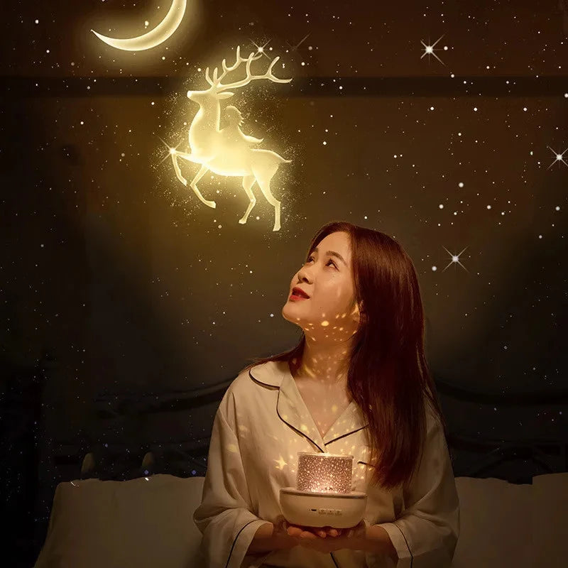 Crown Star Light Projection Rotating Star Bedroom Ceiling Atmosphere Night Lamp Stars Childrens Birthday Gift with Films Sheet