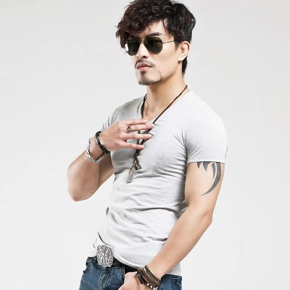 2025 Brand New Men T Shirt Tops V Neck Short Sleeve Tees Men'S Fashion Fitness Hot T-Shirt for Male Man T-Shirt Size 5XL