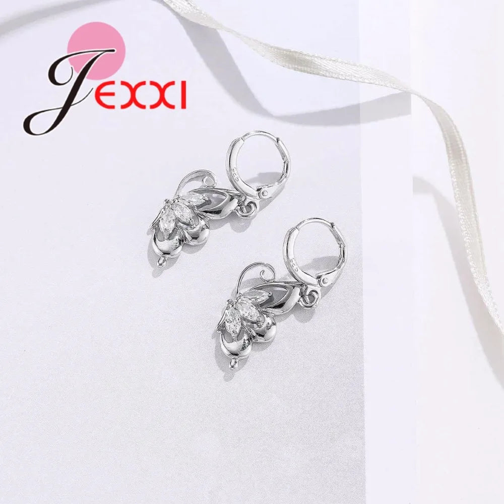 925 Sterling Silver Jewelry Sets for Women Wedding Necklace Pendant Hoop Earrings Elegant Cubic Zirconia Butterfly