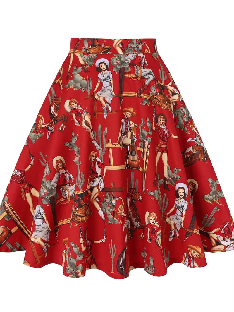 Women'S Runway Cotton Retro Vintage Skirt Black Faldas High Waist a Line Rockabilly Jupe 50S Swing Umbrella Skirts Pin up Skater
