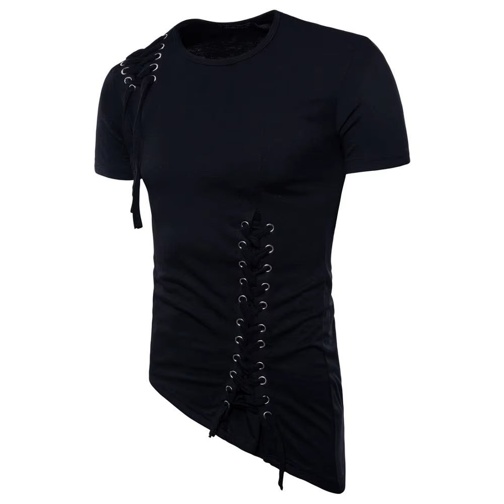 Men Irregular Design Hip Hop Punk T Shirt Tops Lacing Slim Fit Tee Shirts Men Gothic Style Tee Shirts Nightclub Stage Costume