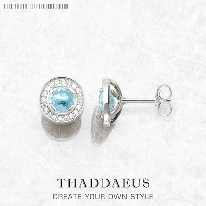 Round Light Blue Studs Earrings Europe Style Fine Jewerly for Women Classic Crystal Gift in 925 Sterling Silver