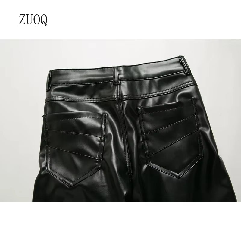 New Winter Men Skinny Biker Pu Leather Pants High Street Fashion Motorcycle Trousers for Male Stage Club Wear