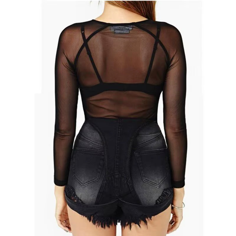 Hot New 2025 Spring Summer Womens Long Sleeve Sexy Black Mesh Top T Shirts Transparent Punk Club Streetwear Tees Beach Tops