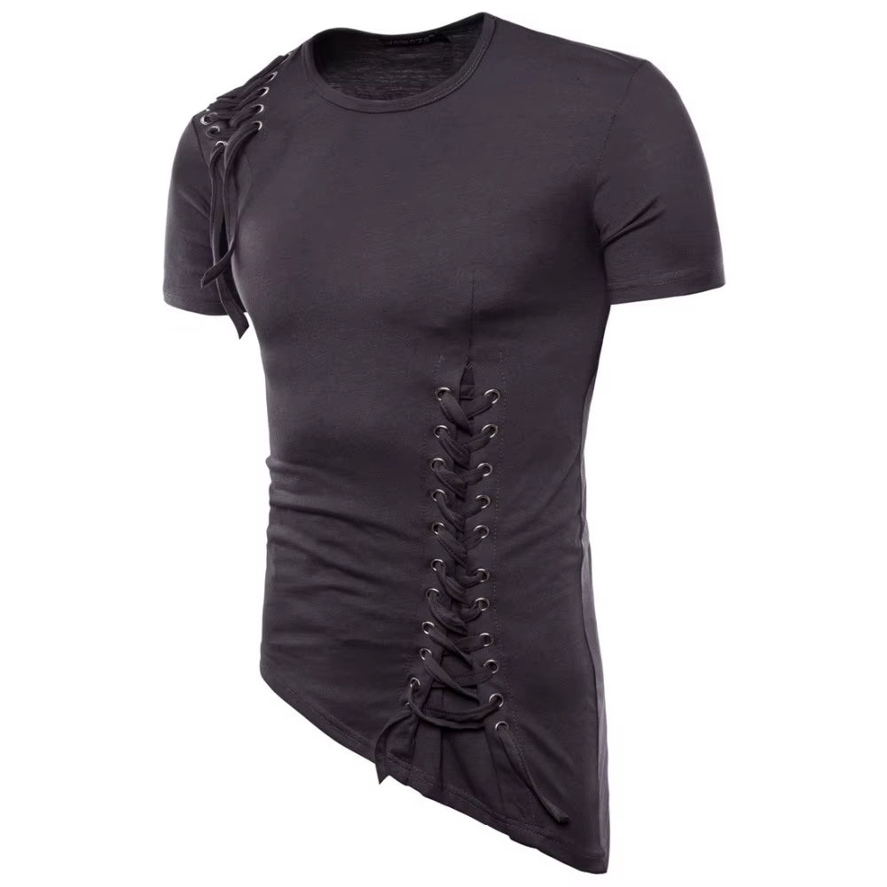 Men Irregular Design Hip Hop Punk T Shirt Tops Lacing Slim Fit Tee Shirts Men Gothic Style Tee Shirts Nightclub Stage Costume
